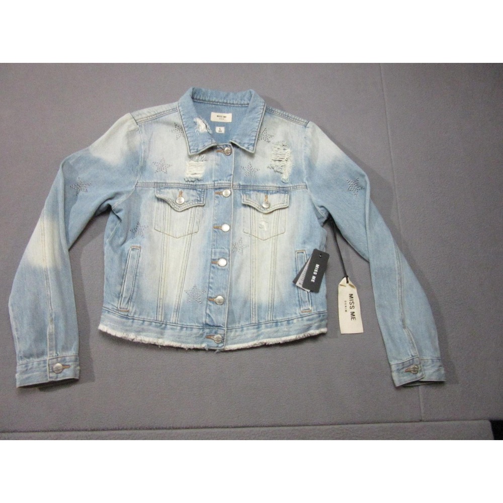 Miss Me Denim Jacket Womens Large Blue New Distressed Star Studded Raw Hem